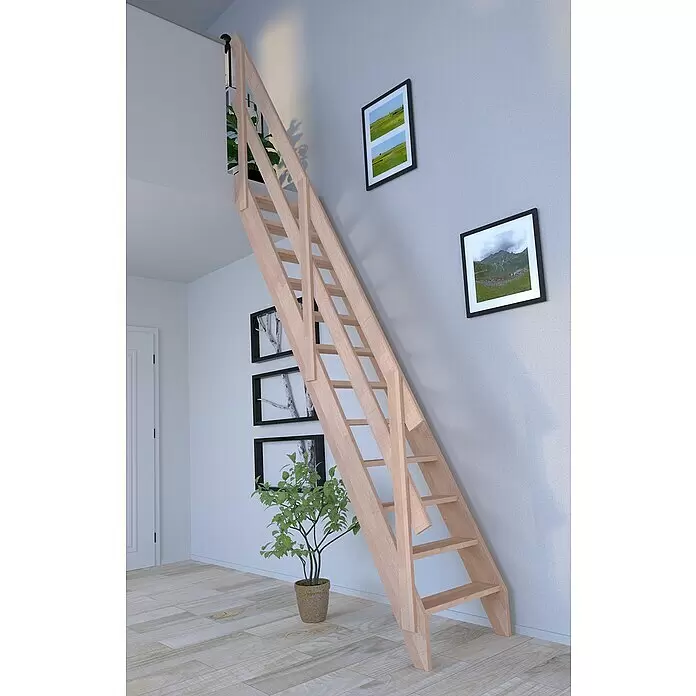 Starwood Raumspartreppe Buche 3000 - Breite: 60 cm, Buche, Holzgeländer zwei Querleisten, Geschosshöhe: 279,5 cm - Kompakte Treppe aus hellem Holz mit Handlauf, ideal für Dachböden oder kleine Räume.