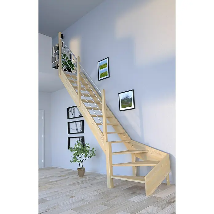 Starwood Raumspartreppe Korfu - Breite: 80 cm, Fichte, Geschosshöhe: 300 cm, 1/4-gewendelt links, Montageseite Geländer: Links, Geländer Holz/Edelstahl, Ohne Setzstufen - Eine elegante Holztreppe mit minimalistischem Design fügt sich nahtlos in ein modernes Zuhause ein. Die Treppe ist eine attraktive Ergänzung zum Raum.