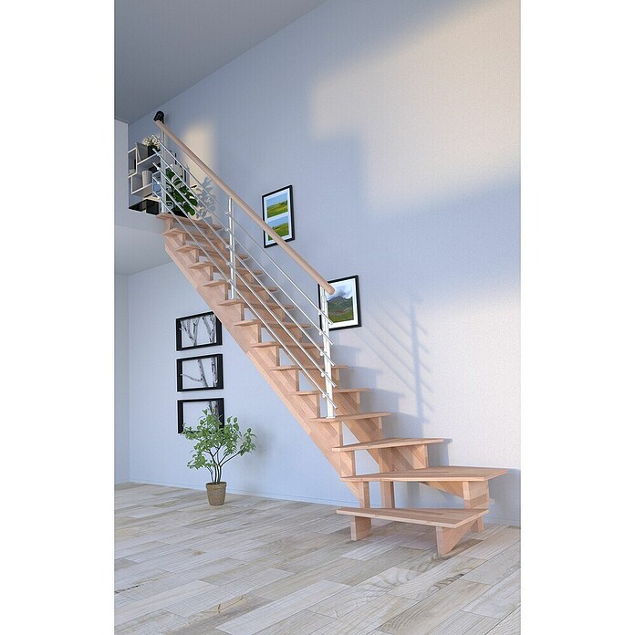 Starwood Raumspartreppe Lindos (Breite: 80 cm, Buche, Geschosshöhe: 300 cm, 1/4-gewendelt links, Montageseite Geländer: Wahlweise links/rechts, Designgeländer Edelstahl, Ohne Setzstufen) | BAUHAUS