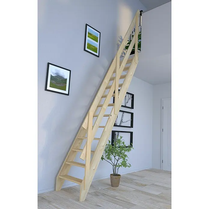 Starwood Raumspartreppe Fichte 2000Breite: 60 cm, Fichte, Holzgeländer zwei Querleisten, Geschosshöhe: 279,5 cm - Helle Holztreppe führt zu einem Dachboden in einem modernen Haus. Die Leiter ist platzsparend und funktional.