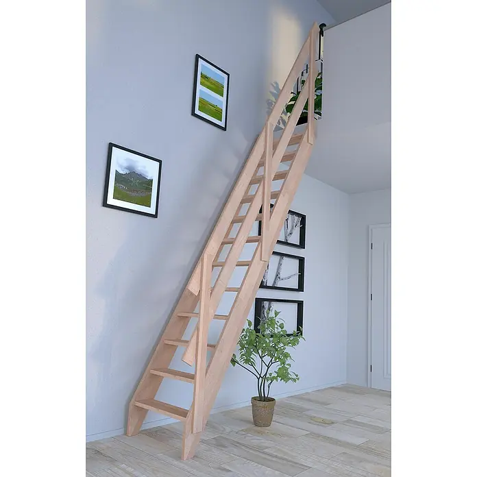 Starwood Raumspartreppe Buche 3000 - Breite: 60 cm, Buche, Holzgeländer zwei Querleisten, Geschosshöhe: 279,5 cm - Eine helle Holztreppe lehnt an einer Wand mit gerahmten Bildern, neben einer Zimmerpflanze auf einem hellen Holzboden.