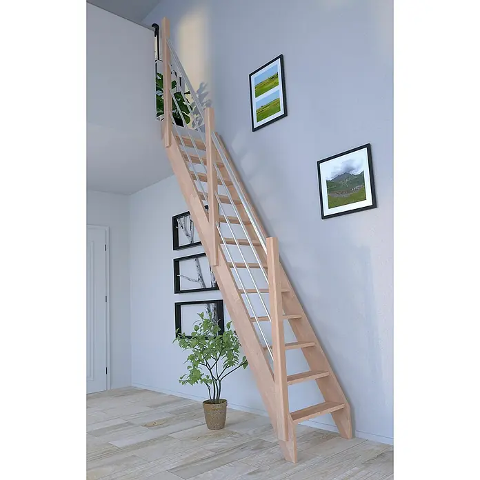 Starwood Raumspartreppe Buche 3000Breite: 60 cm, Buche, Material Handlauf: Edelstahl, Silber, Montageseite Geländer: Links, Geschosshöhe: 279,5 cm - Holztreppe mit Metallgeländer, ideal für kleine Räume. Das natürliche Design fügt sich nahtlos in moderne Wohnräume ein und bietet Platzersparnis.
