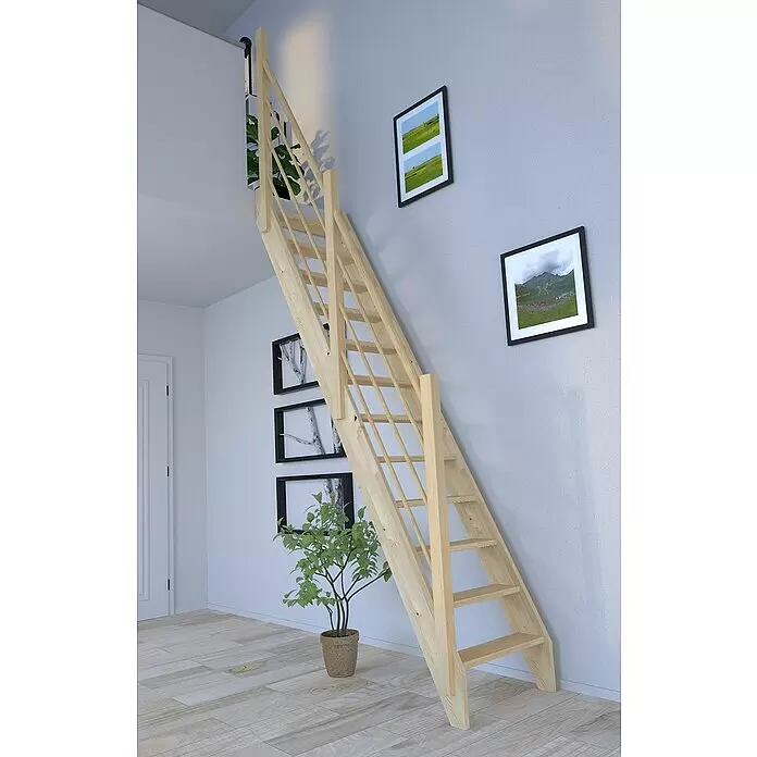 Starwood Raumspartreppe Fichte 3000 - Breite: 61 cm, Fichte, Material Handlauf: Holz, Natur, Montageseite Geländer: Links, Geschosshöhe: 279,5 cm - Helle Holz-Raumspartreppe mit Geländer, die zwei Ebenen in einem Raum verbindet.