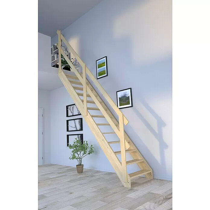 Starwood Raumspartreppe Korfu - Breite: 79 cm, Fichte, Geschosshöhe: 300 cm, Gerade, Montageseite Geländer: Wahlweise links/rechts, Geländer Holz, Ohne Setzstufen - Kompakte Treppe aus hellem Naturholz mit Geländer, verbindet zwei Ebenen in einem modernen Raum.