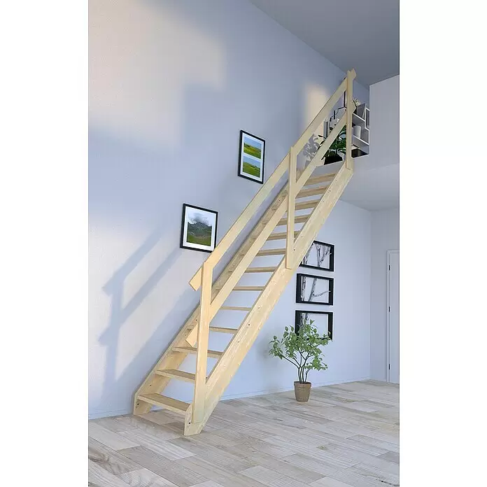 Starwood Raumspartreppe Korfu - Breite: 79 cm, Fichte, Geschosshöhe: 300 cm, Gerade, Montageseite Geländer: Wahlweise links/rechts, Geländer Holz, Ohne Setzstufen - Helle Holztreppe führt in einem modernen Innenraum in eine obere Etage.
