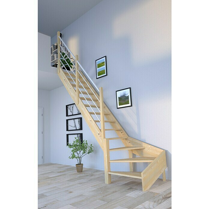 Starwood Raumspartreppe Korfu (Breite: 80 cm, Fichte, Geschosshöhe: 300 cm, 1/4-gewendelt links, Montageseite Geländer: Links, Geländer Holz/Edelstahl