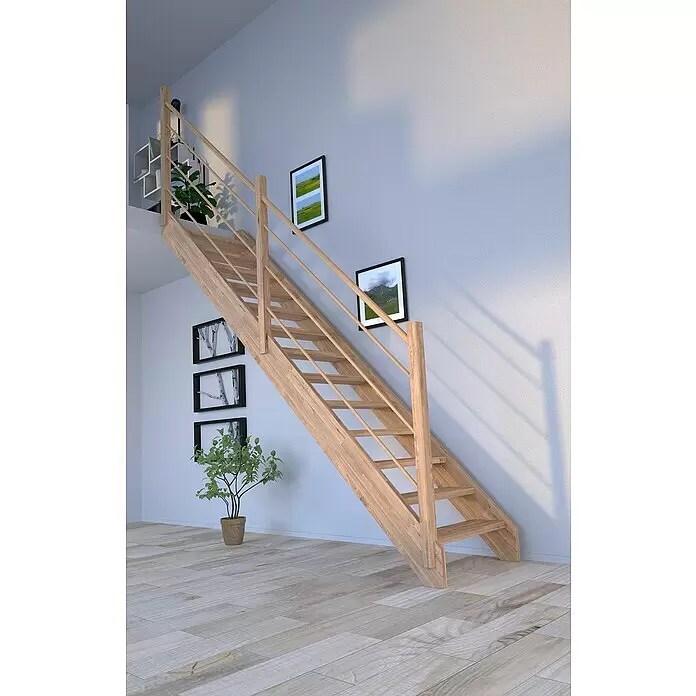 Starwood Raumspartreppe Mykonos - Breite: 81 cm, Eiche, Geschosshöhe: 280 cm, Gerade, Montageseite Geländer: Links, Designgeländer Holz/Holz, Ohne Setzstufen - Helle Holztreppe mit offenen Stufen und Geländer, verbindet zwei Ebenen im modernen Interieur.