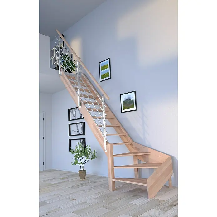 Starwood Raumspartreppe Rhodos - Breite: 84 cm, Buche, Geschosshöhe: 300 cm, 1/4-gewendelt links, Montageseite Geländer: Wahlweise links/rechts, Designgeländer Edelstahl, Ohne Setzstufen - Treppe aus hellem Holz mit Metallgeländer, die sich elegant in den Raum einfügt. Modernes Design für stilvolle Wohnräume.