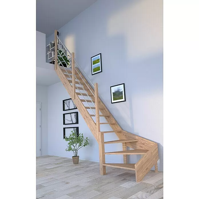 Starwood Raumspartreppe Rhodos - Breite: 80 cm, Eiche, Geschosshöhe: 300 cm, 1/4-gewendelt links, Montageseite Geländer: Links, Geländer Holz/Edelstahl, Ohne Setzstufen - Offene Holztreppe mit Wendelstufen aus hellem Naturholz und silbernen Geländerstäben, ideal für kompakte Innenräume.