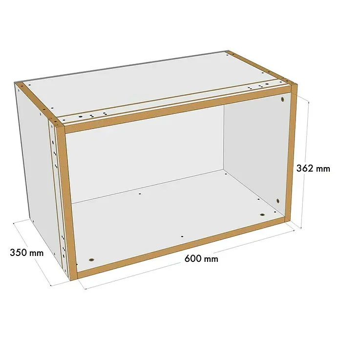 Knauf Wandnischen-Set M - 60 x 36,2 cm - Produktansicht eines weißen Schubladenelements mit Holzakzenten und Maßangaben. Das Element ist 600 mm breit, 350 mm tief und 362 mm hoch.