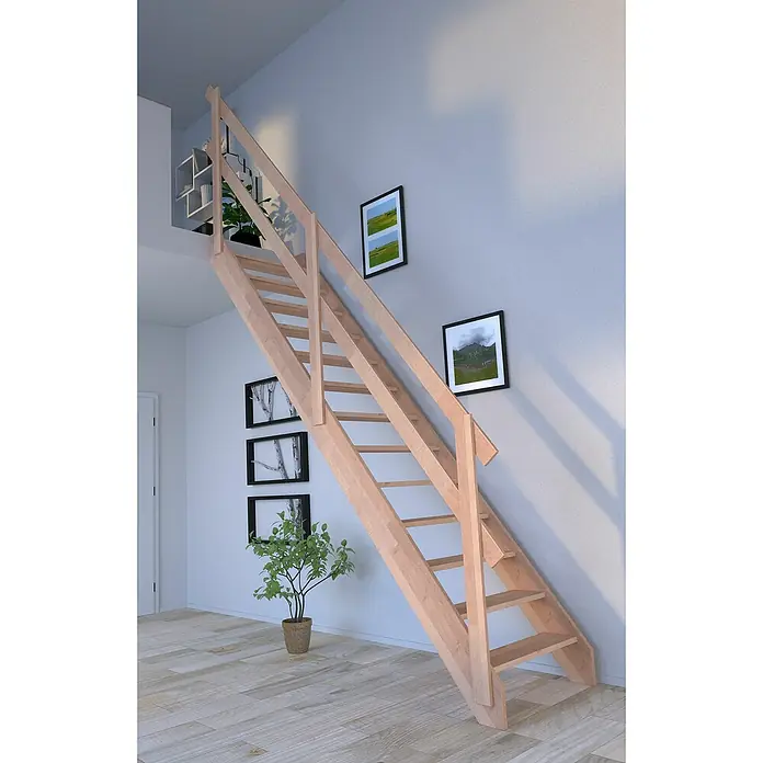 Starwood Raumspartreppe Rhodos - Breite: 79 cm, Buche, Geschosshöhe: 300 cm, Gerade, Montageseite Geländer: Wahlweise links/rechts, Geländer Holz, Ohne Setzstufen - Bild einer schmalen Holztreppe, die zu einem erhöhten Wohnbereich führt, mit minimalistischem Design und heller Holzoberfläche.