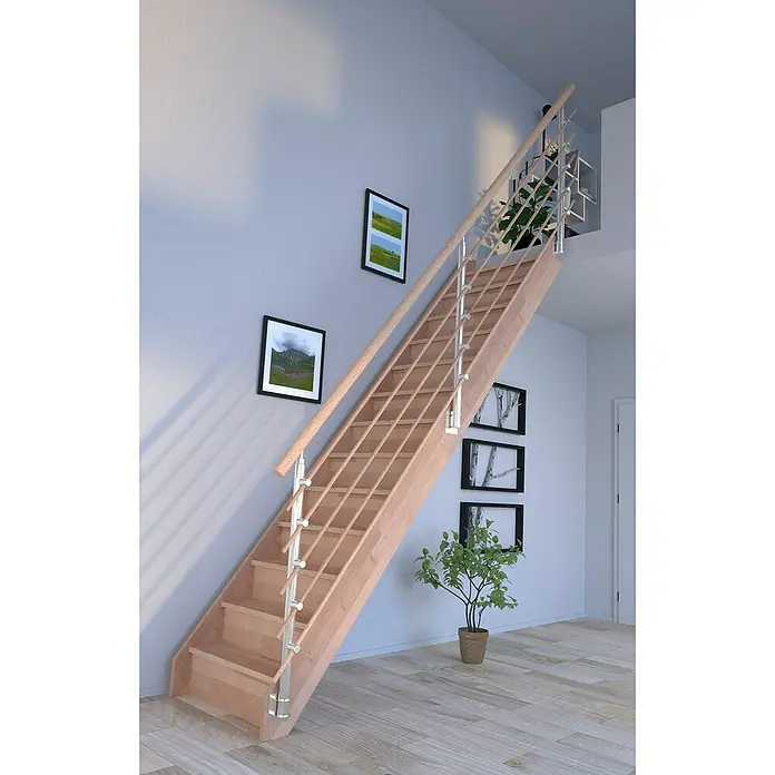 Starwood Raumspartreppe Rhodos - Breite: 84 cm, Buche, Geschosshöhe: 300 cm, Gerade, Montageseite Geländer: Wahlweise links/rechts, Designgeländer Holzrundstäbe, Mit Setzstufen - Eine moderne Holztreppe mit Edelstahlgeländer fügt sich elegant in das helle Interieur ein. Das Design wirkt leicht und einladend.