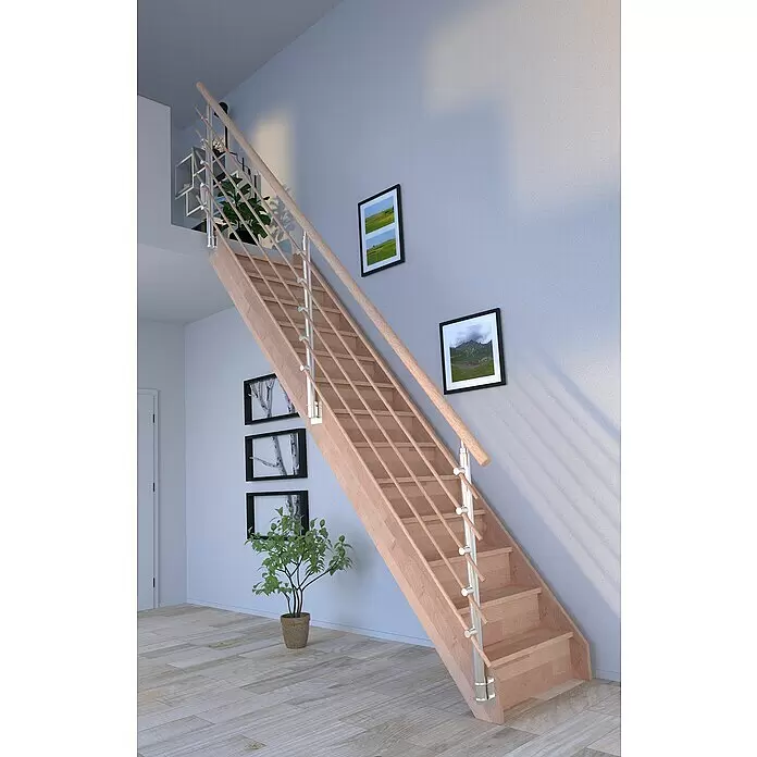 Starwood Raumspartreppe Rhodos - Breite: 84 cm, Buche, Geschosshöhe: 300 cm, Gerade, Montageseite Geländer: Wahlweise links/rechts, Designgeländer Holzrundstäbe, Mit Setzstufen - Helle Holztreppe mit Metallpfosten, Holzbalustern und Handlauf in einem modernen Interieur.