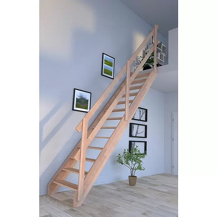 Starwood Raumspartreppe Rhodos - Breite: 79 cm, Buche, Geschosshöhe: 300 cm, Gerade, Montageseite Geländer: Wahlweise links/rechts, Geländer Holz, Ohne Setzstufen - Helle Holztreppe mit Handläufen, die zu einer oberen Ebene führt und moderne Raumgestaltung ergänzt.