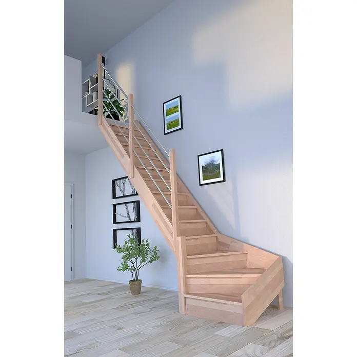Starwood Raumspartreppe RhodosBreite: 80 cm, Buche, Geschosshöhe: 300 cm, 1/4-gewendelt links, Montageseite Geländer: Links, Geländer Holz/Edelstahl, Mit Setzstufen - Helle Holztreppe mit Geländer in einem modernen Haus, die eine stilvolle und funktionale Verbindung zwischen den Etagen bietet.