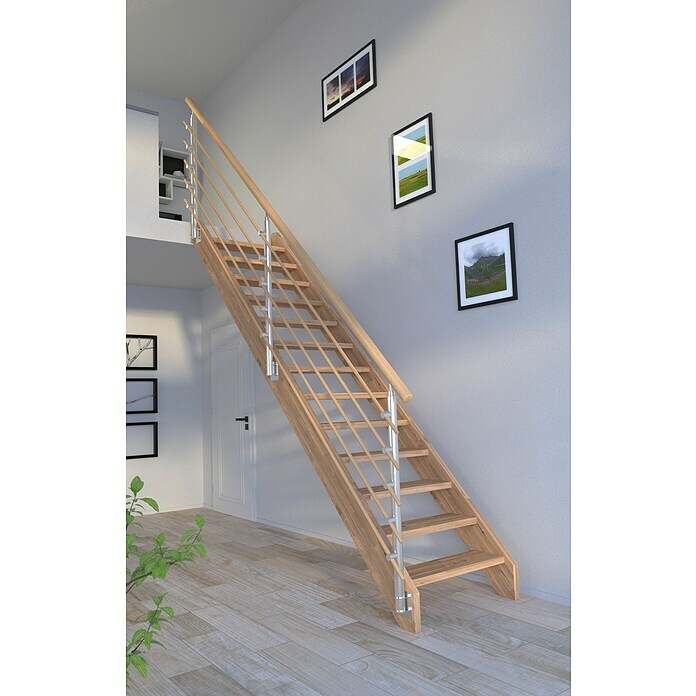 Starwood Raumspartreppe Mykonos (Breite: 85 cm, Eiche, Geschosshöhe: 280 cm, Gerade, Montageseite Geländer: Wahlweise links/rechts, Designgeländer Holzrundstäbe, Ohne Setzstufen) | BAUHAUS