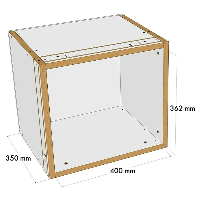 Knauf Wandnischen-Set S - 40 x 36,2 cm - Ein 3D-Rendering einer weißen Schubladenbox mit Holzdetails und Maßangaben.
