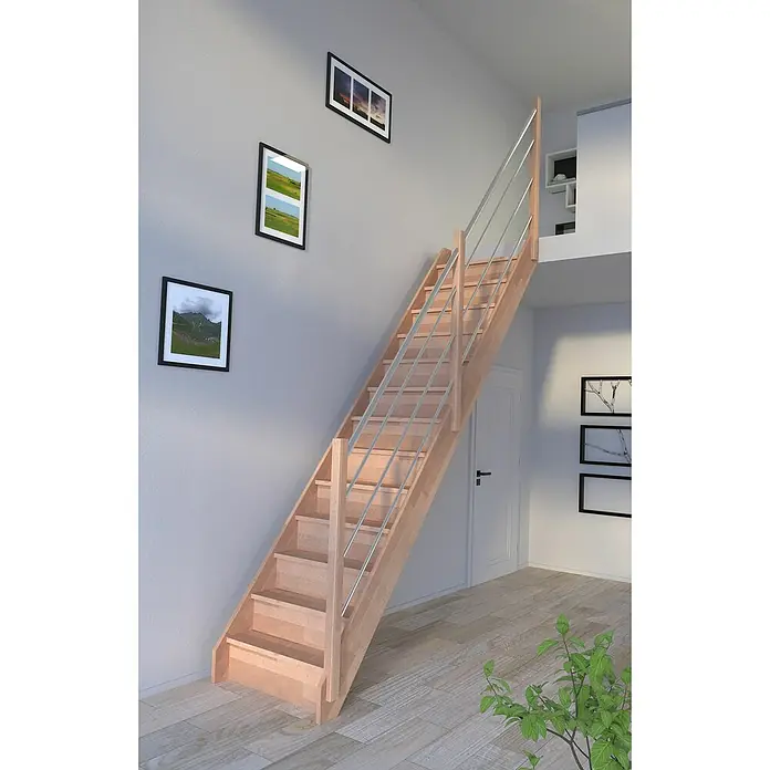 Starwood Raumspartreppe RhodosBreite: 80 cm, Buche, Geschosshöhe: 300 cm, Gerade, Montageseite Geländer: Rechts, Geländer Holz/Edelstahl, Mit Setzstufen - Eine moderne Holztreppe mit Edelstahlgeländer fügt sich elegant in den hellen Raum ein und führt zur nächsten Etage.