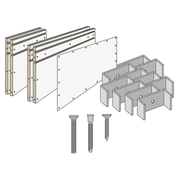 Knauf Wandnischen-Set L - 80 x 36,2 cm - Eine Explosionszeichnung von Holzpaneelen, Halterungen und Schrauben, die die Komponenten eines Bauprojekts hervorhebt.