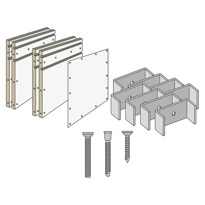 Knauf Wandnischen-Set S - 40 x 36,2 cm - Eine isometrische Illustration von Komponenten für die Montage von Elementen, einschließlich Platten, Halterungen und Schrauben.