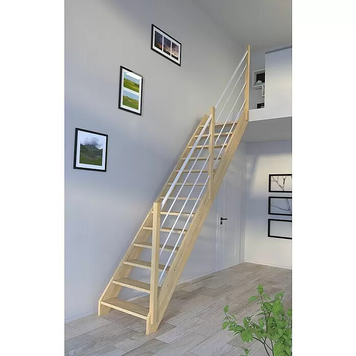 Starwood Raumspartreppe KorfuBreite: 80 cm, Fichte, Geschosshöhe: 300 cm, Gerade, Montageseite Geländer: Rechts, Geländer Holz/Edelstahl weiß, Ohne Setzstufen