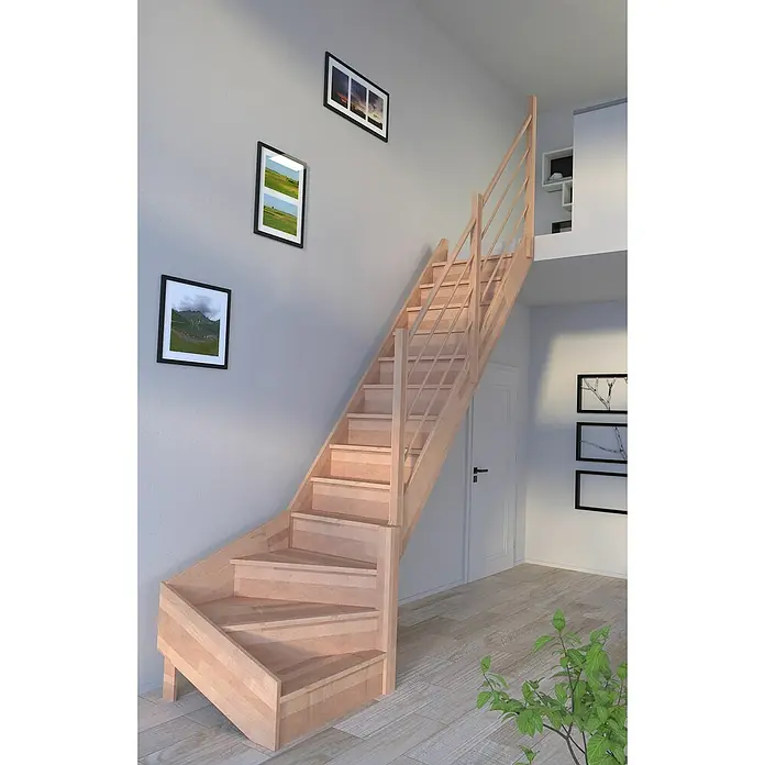 Starwood Raumspartreppe Rhodos - Breite: 80 cm, Buche, Geschosshöhe: 300 cm, 1/4-gewendelt rechts, Montageseite Geländer: Rechts, Designgeländer Holz/Holz, Mit Setzstufen - Elegante Holztreppe mit Geländer. Das Naturholz passt perfekt zum modernen Interieur des Hauses.