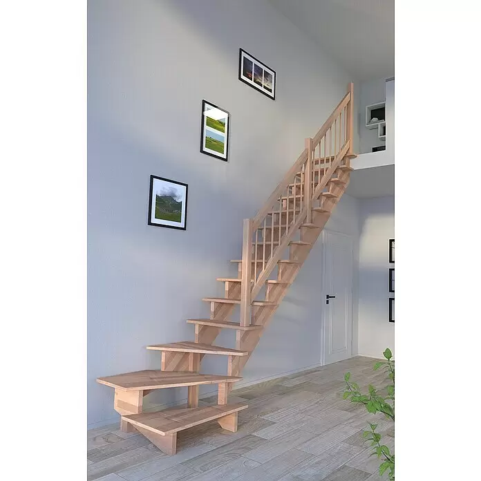 Starwood Raumspartreppe Lindos - Breite: 100 cm, Buche, Geschosshöhe: 300 cm, 1/4-gewendelt rechts, Montageseite Geländer: Wahlweise links/rechts, Designgeländer Holz/Holz, Ohne Setzstufen - Raumspartreppe aus hellem Naturholz mit Geländer, in modernem Interieur installiert, führt zu einer oberen Ebene.