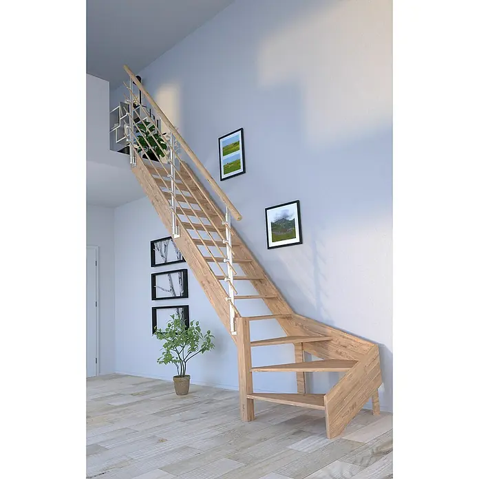 Starwood Raumspartreppe Rhodos - Breite: 84 cm, Eiche, Geschosshöhe: 300 cm, 1/4-gewendelt links, Montageseite Geländer: Wahlweise links/rechts, Designgeländer Holzrundstäbe, Ohne Setzstufen - Elegante Holztreppe mit Geländer und Wanddekoration, die ein stilvolles Innendesign ausstrahlt. Die Treppe ist ein echter Hingucker.