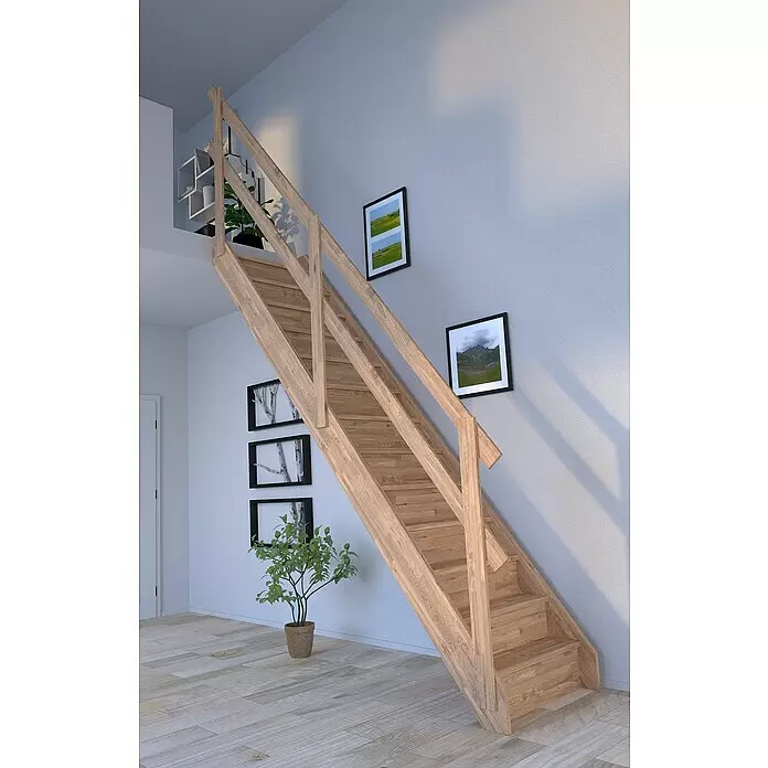 Starwood Raumspartreppe Rhodos - Breite: 79 cm, Eiche, Geschosshöhe: 300 cm, Gerade, Montageseite Geländer: Wahlweise links/rechts, Geländer Holz, Mit Setzstufen - Stimmungsaufnahme