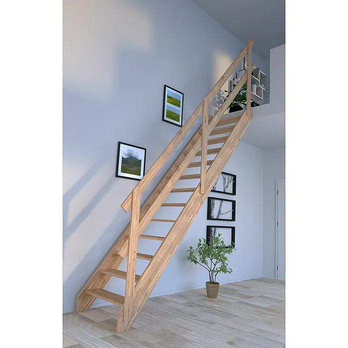 Starwood Raumspartreppe Rhodos - Breite: 79 cm, Eiche, Geschosshöhe: 300 cm, Gerade, Montageseite Geländer: Wahlweise links/rechts, Geländer Holz, Ohne Setzstufen - Eine schlichte Holztreppe mit Geländer führt in den oberen Bereich des Raumes. Die Treppe ist hell und natürlich gehalten.