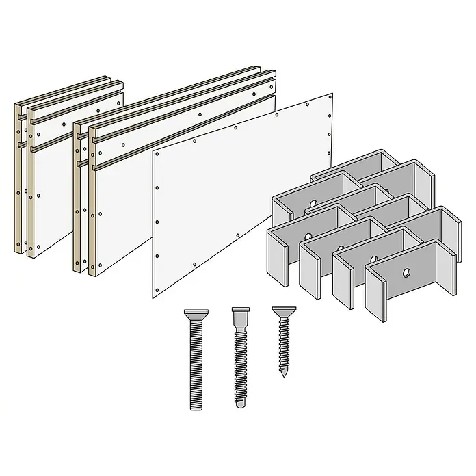 Knauf Wandnischen-Set XL - 100 x 36,2 cm - Eine grafische Darstellung von Bauelementen, bestehend aus Platten, Holzleisten, Metallhalterungen und verschiedenen Schrauben.