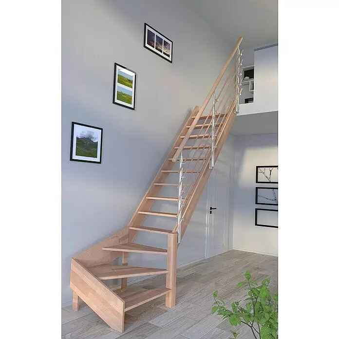 Starwood Raumspartreppe Rhodos - Breite: 84 cm, Buche, Geschosshöhe: 300 cm, 1/4-gewendelt rechts, Montageseite Geländer: Wahlweise links/rechts, Designgeländer Holzrundstäbe, Ohne Setzstufen - Stimmungsaufnahme