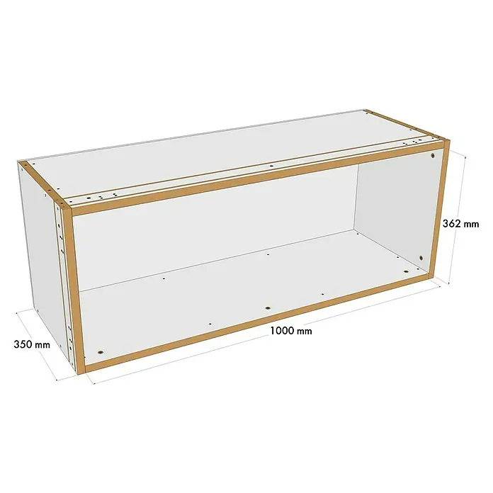 Knauf Wandnischen-Set XL - 100 x 36,2 cm - Abbildung eines weißen Hängeschranks mit hellbraunen Kanten und den Maßen 350mm x 362mm x 1000mm.