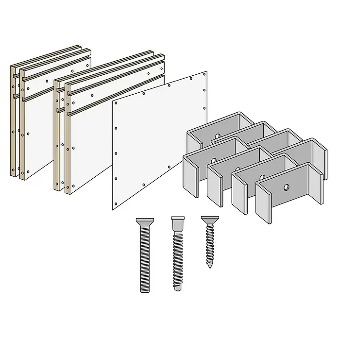 Knauf Wandnischen-Set M - 60 x 36,2 cm - Illustration von Bauelementen und Befestigungsmaterialien für Bauprojekte, inklusive Platten, Halterungen und Schrauben.
