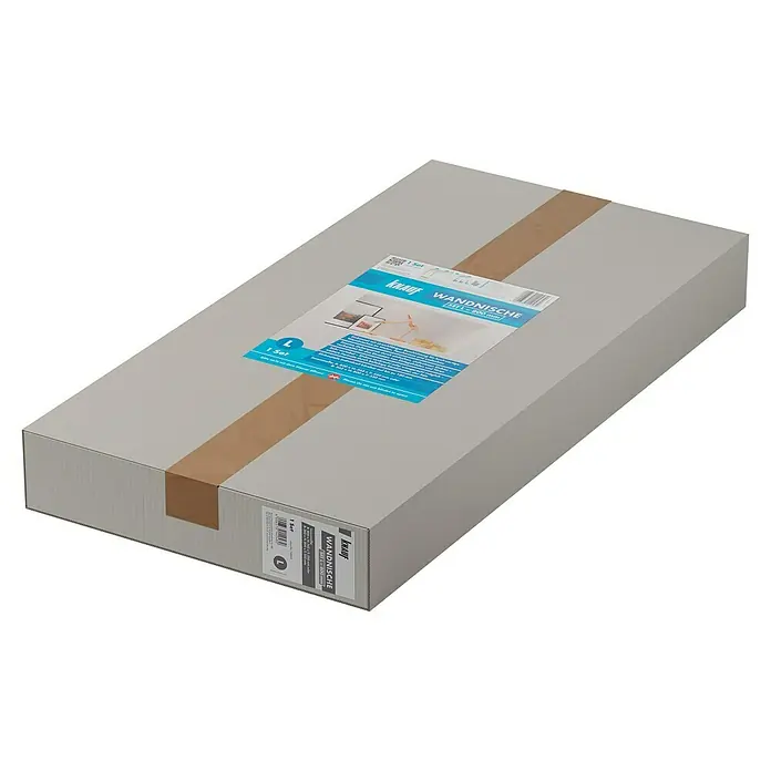 Knauf Wandnischen-Set L - 80 x 36,2 cm - Eine graue Box mit einem braunen Klebeband und einem Etikett mit der Aufschrift "Knauf Wandnische Set L-800 mm".