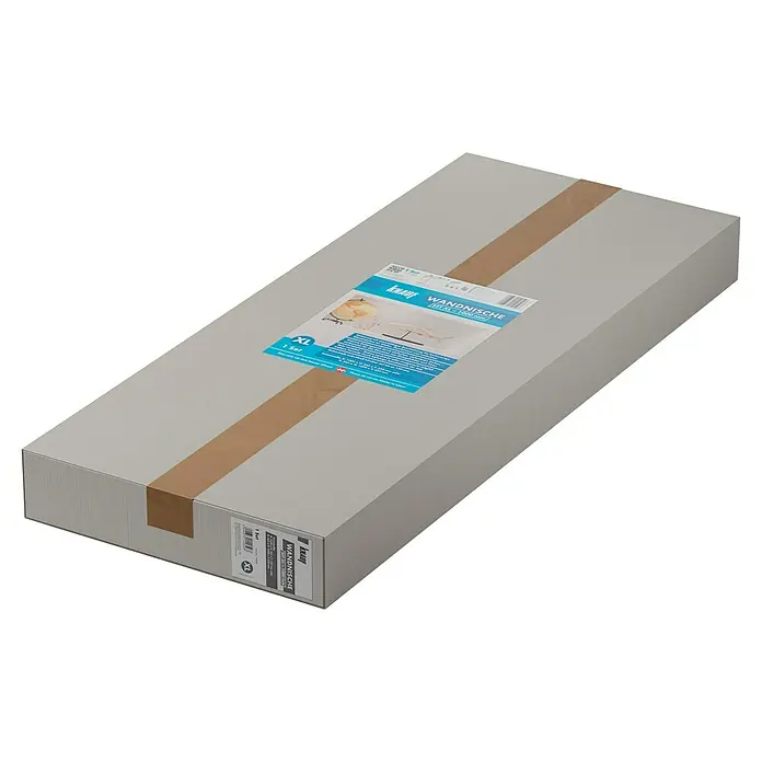 Knauf Wandnischen-Set XL - 100 x 36,2 cm - Ein Karton mit einer Knauf Wandnische, Größe XL, verpackt mit braunem Klebeband. Ideal für die Gestaltung von Innenräumen.