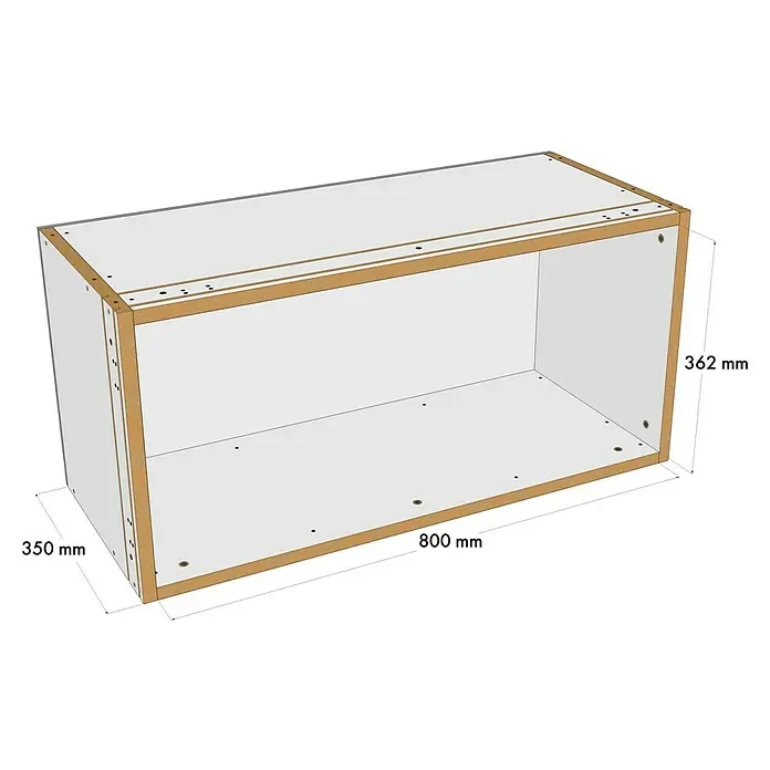 Knauf Wandnischen-Set L - 80 x 36,2 cm - Abbildung eines weißen, quaderförmigen Schranks mit den Maßen 800 mm x 350 mm x 362 mm, der die Tiefe, Breite und Höhe des Möbelstücks zeigt.