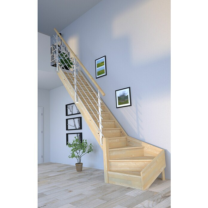 Starwood Raumspartreppe Korfu (Breite: 84 cm, Fichte, Geschosshöhe: 300 cm, 1/4-gewendelt links, Montageseite Geländer: Wahlweise links/rechts, Design
