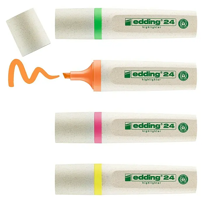 Edding Textmarker-Set EcoLine - 4 Stk., Mehrfarbig, 2 mm - 5 mm, Keilspitze - Mehrfarbige Edding 24 Textmarker in Grün, Orange, Pink und Gelb, ideal für Büro- und Schulbedarf.
