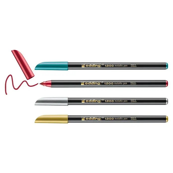 Edding Fineliner-Set Metallic - 4 Stk., Mehrfarbig, Strichstärke: 1 mm - 3 mm - Abbildung von vier Edding 1200 Metallic Stiften in Gold, Silber, Rot und Türkis, wobei der rote Stift eine Linie zieht.