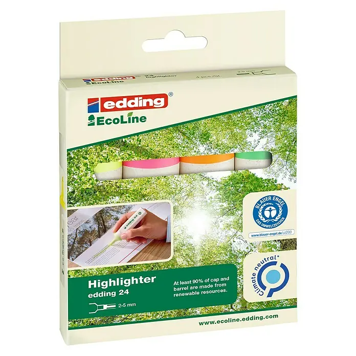 Edding Textmarker-Set EcoLine - 4 Stk., Mehrfarbig, 2 mm - 5 mm, Keilspitze - Packung Ecoline Textmarker von Edding, 4 Stück in verschiedenen Farben, umweltfreundlich, mit "Blauer Engel"-Zertifizierung für Nachhaltigkeit.