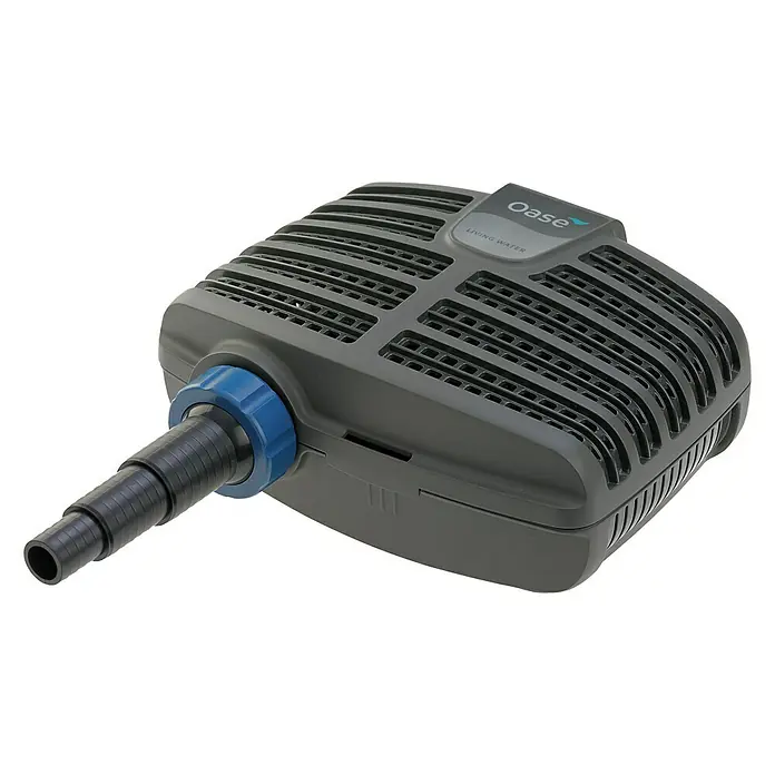 Oase Filterpumpe Aqua Max Eco Classic 3500 E - 35 W, Fördermenge pro Std.: 3.500 l - Oase Living Water Filter mit blauer Kappe und schwarzem Anschlussrohr.