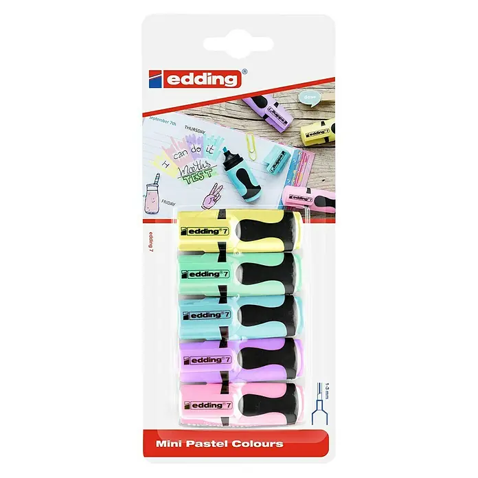 Edding Textmarker-Set Pastell - 5 Stk., Mehrfarbig, 1 mm - 3 mm, Keilspitze - Eine Packung Edding 7 Mini Textmarker in Pastellfarben, ideal zum Hervorheben wichtiger Notizen und Textstellen.