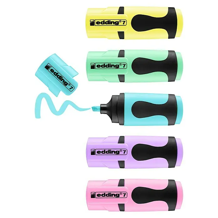 Edding Textmarker-Set Pastell - 5 Stk., Mehrfarbig, 1 mm - 3 mm, Keilspitze - Verschiedene farbige Textmarker von Edding 7, darunter Gelb, Mintgrün, Türkis, Lila und Rosa.