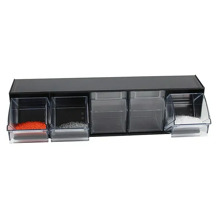 Tayg Organizador de piezas pequeñas - L x An x Al: 60 x 16,8 x 20,6 cm, Número de cajones: 4 ud. - Un almacén de repuestos de plástico con cinco cajones transparentes en un marco negro. Los cajones contienen piezas de colores.