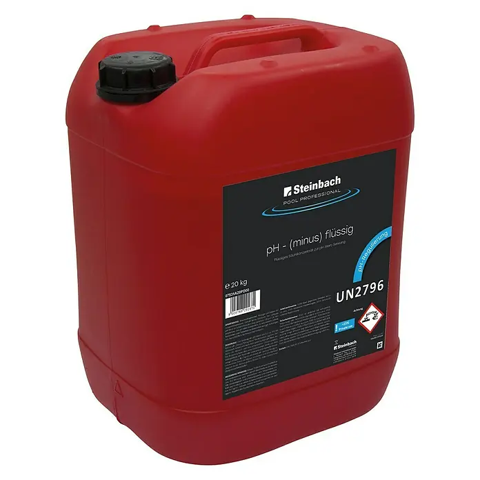 Steinbach Pool Professional pH-Minus - 20 kg - Roter Behälter mit Steinbach Pool Professional pH-Minus Flüssigkeit zur pH-Wert-Senkung, 20 kg.