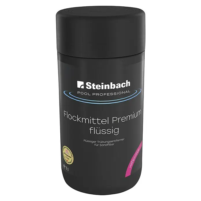 Steinbach Pool Professional Poolflocker - 1 l - Produktbild einer Flasche Steinbach Flockmittel Premium flüssig, ein Hilfsmittel für Sandfilter, um Trübungen im Poolwasser zu entfernen.