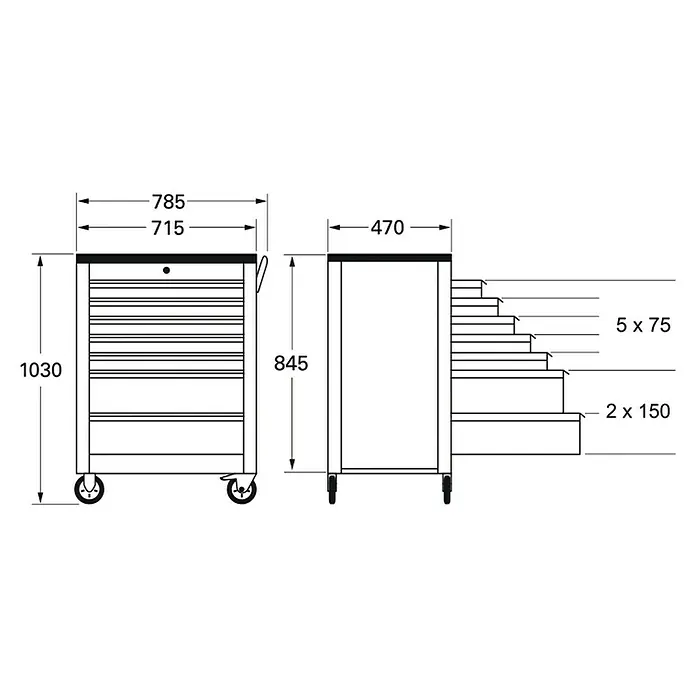 Matador Werkstattwagen Ratio smartyCAR - L x B x H: 78,5 x 47 x 103 cm, Anzahl Schubladen: 7 Stk. - Bild einer Werkzeugkiste mit Schubladen und Rädern, detaillierte Maßangaben für Höhe, Breite und Tiefe sind angegeben.