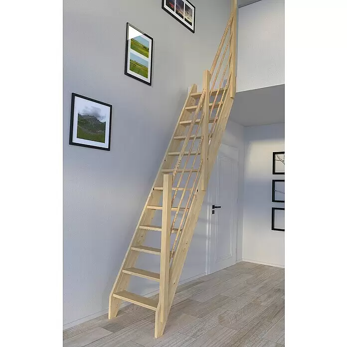 Starwood Raumspartreppe Fichte 3000 - Breite: 61 cm, Fichte, Material Handlauf: Holz, Natur, Montageseite Geländer: Rechts, Geschosshöhe: 279,5 cm - Helle Holztreppe mit Geländer, die hochführt.