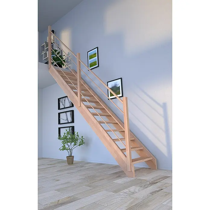 Starwood Raumspartreppe Mykonos - Breite: 81 cm, Buche, Geschosshöhe: 280 cm, Gerade, Montageseite Geländer: Links, Designgeländer Holz/Holz, Ohne Setzstufen - Eine elegante Holztreppe mit Geländer fügt sich nahtlos in den Raum ein. Dekorative Elemente wie Bilder und Pflanzen ergänzen das Gesamtbild.